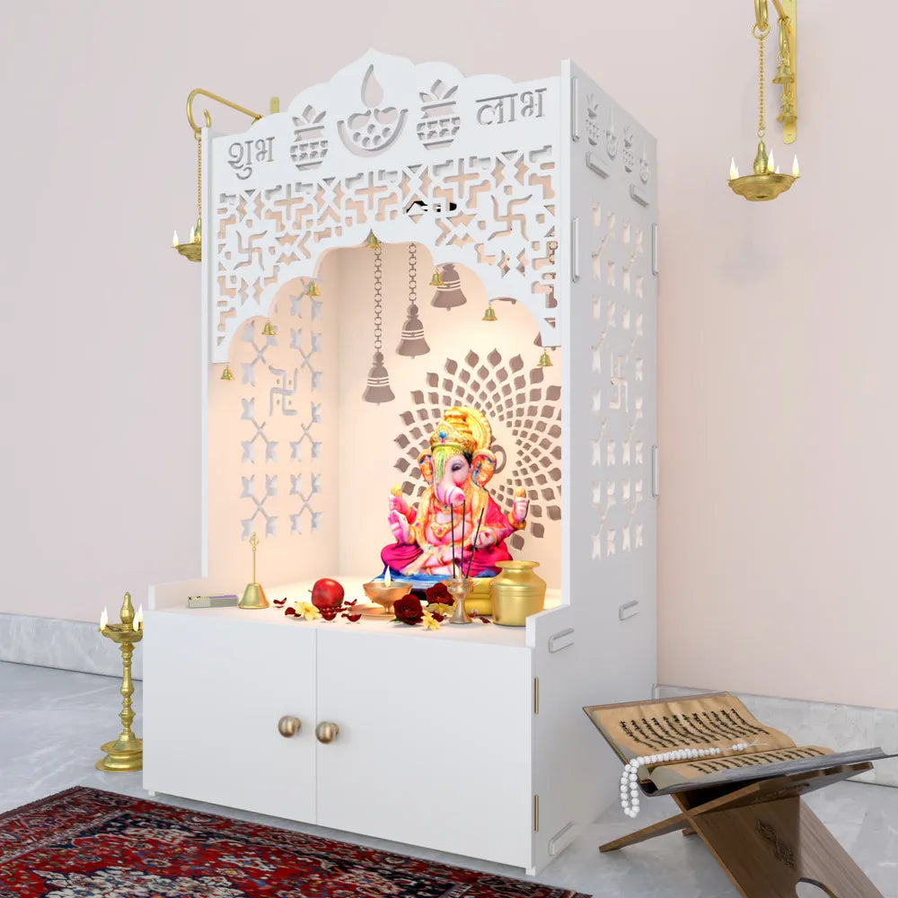Divine White Wooden Temple with Shelf & Built-In Light
