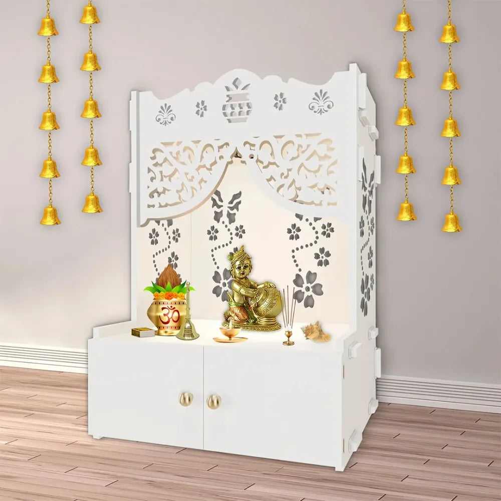 Swastika Kalash Wooden Temple with lights & shelf