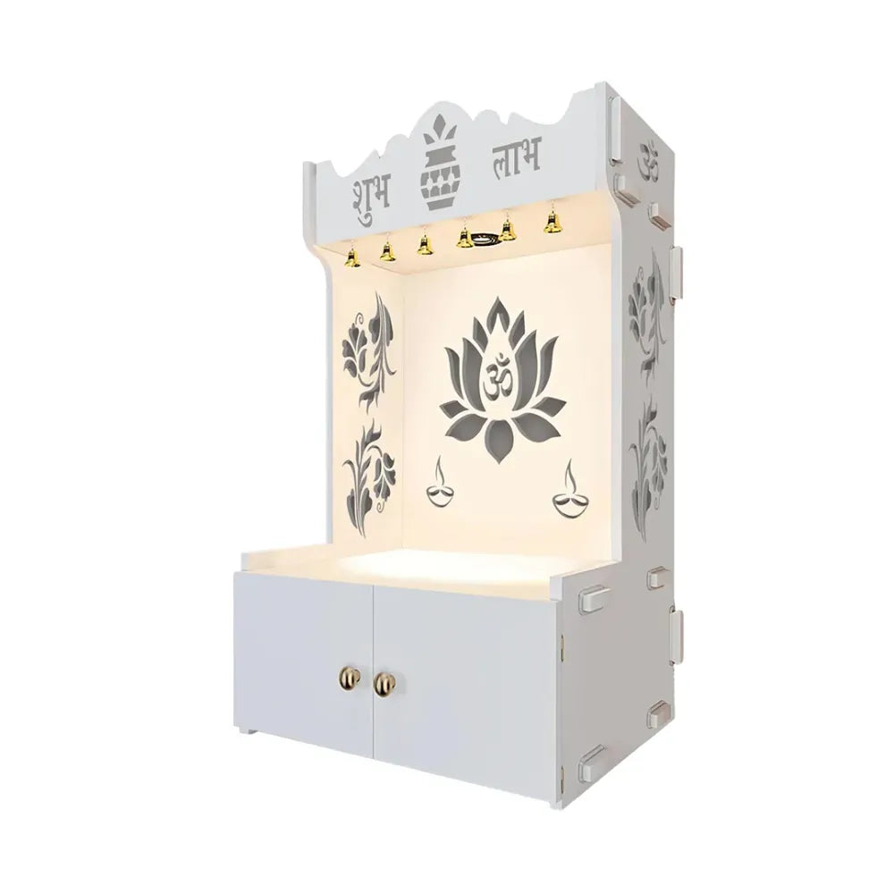 Wooden Floor Temple with Lotus Design & Shelf – White