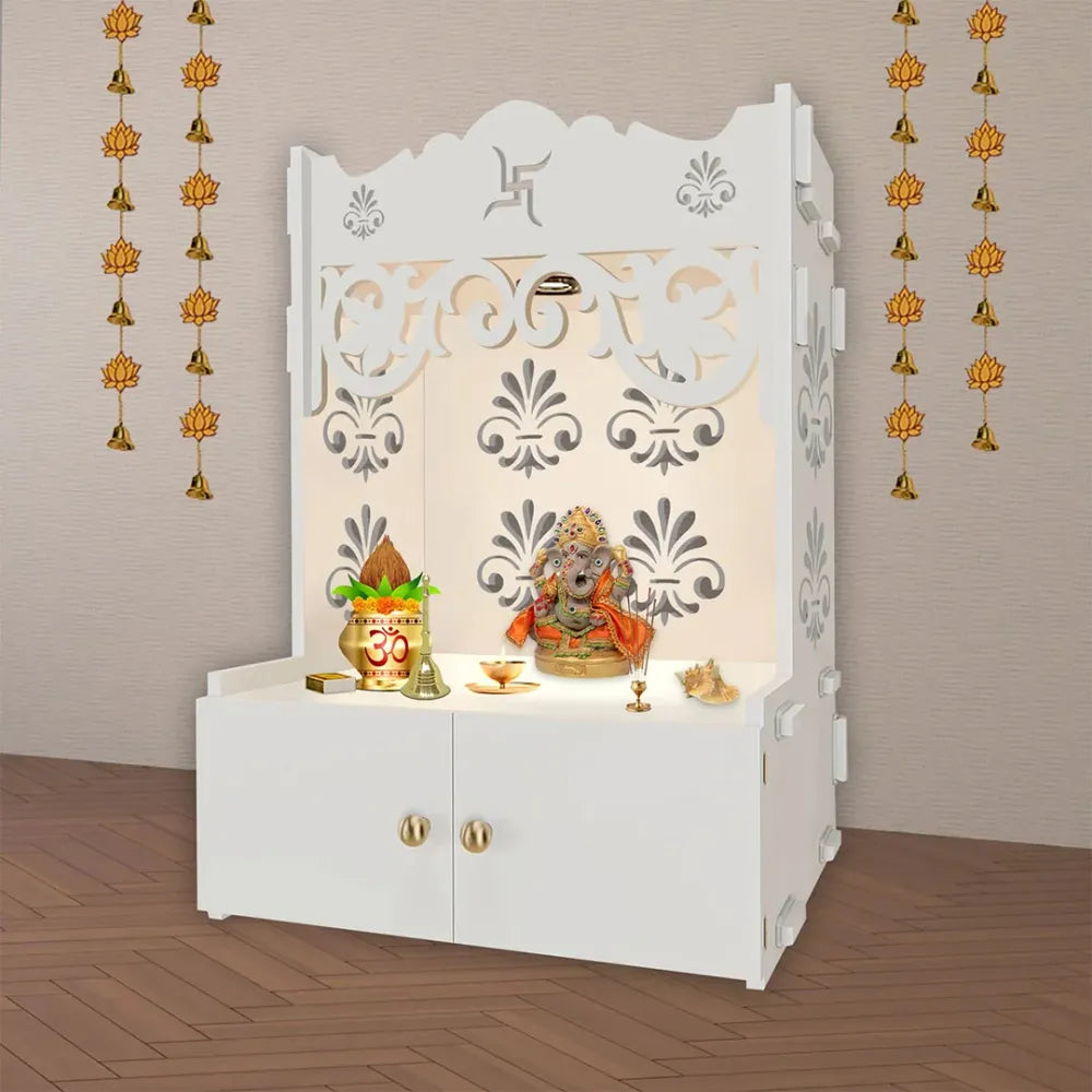 Floral Design White Floor Temple with Shelf & Focus Light