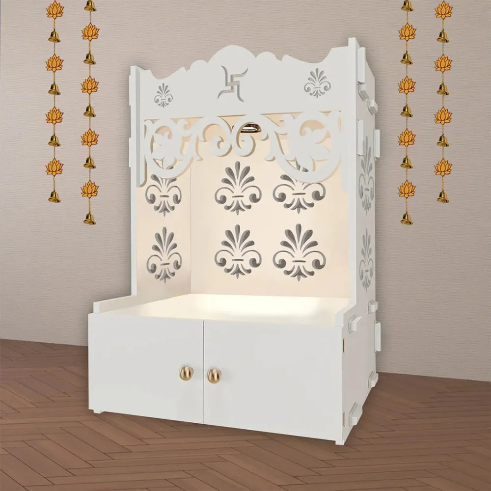 Floral Design White Floor Temple with Shelf & Focus Light