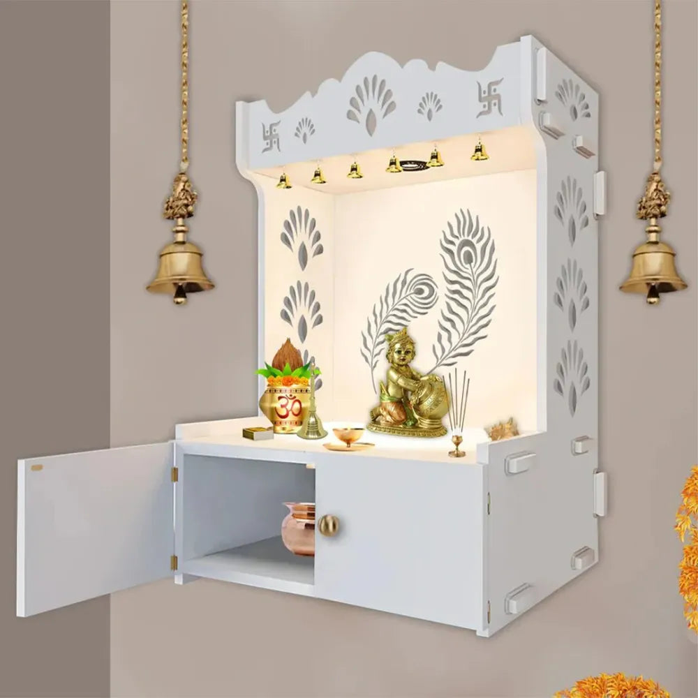 Mor Pankh Wooden Mandir with Focus Light