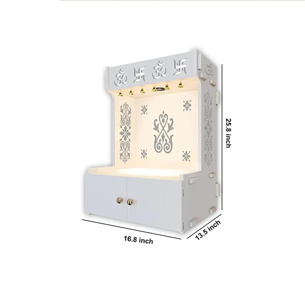 OM Swastika White Wooden Wall Temple with Focus Light & Shelf