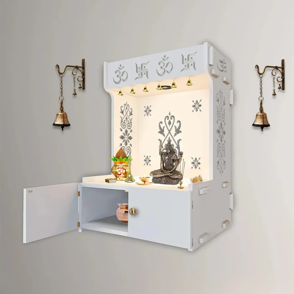 OM Swastika White Wooden Wall Temple with Focus Light & Shelf