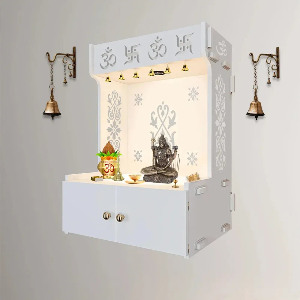 OM Swastika White Wooden Wall Temple with Focus Light & Shelf