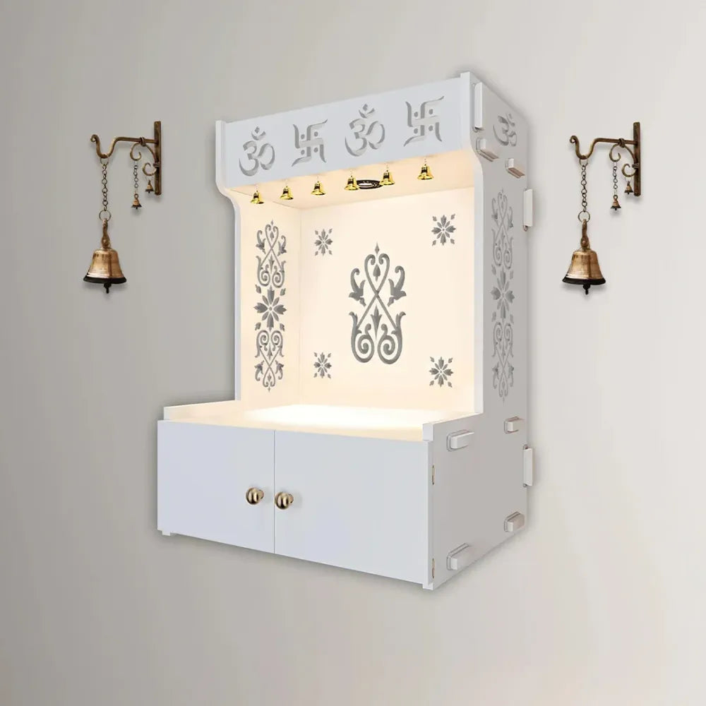 OM Swastika White Wooden Wall Temple with Focus Light & Shelf