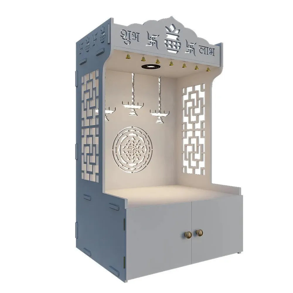 White Wooden Home Mandir with Shelf & LED Light