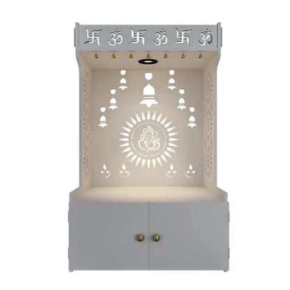 Divine Wooden White Home Temple With Spacious Shelf &amp; Inbuilt Focus Light