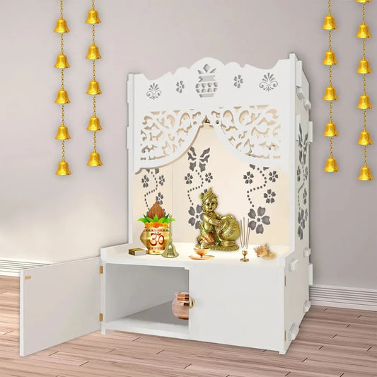 Swastika Kalash Wooden Temple with lights & shelf