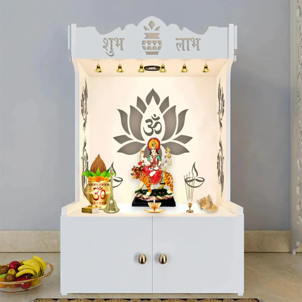Wooden Floor Temple with Lotus Design & Shelf – White