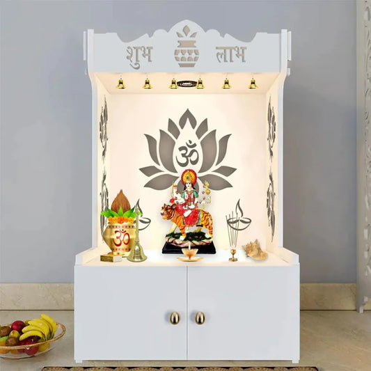 Wooden Floor Temple with Lotus Design & Shelf – White
