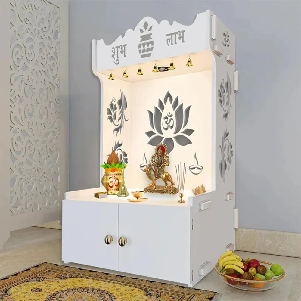 Wooden Floor Temple with Lotus Design & Shelf – White
