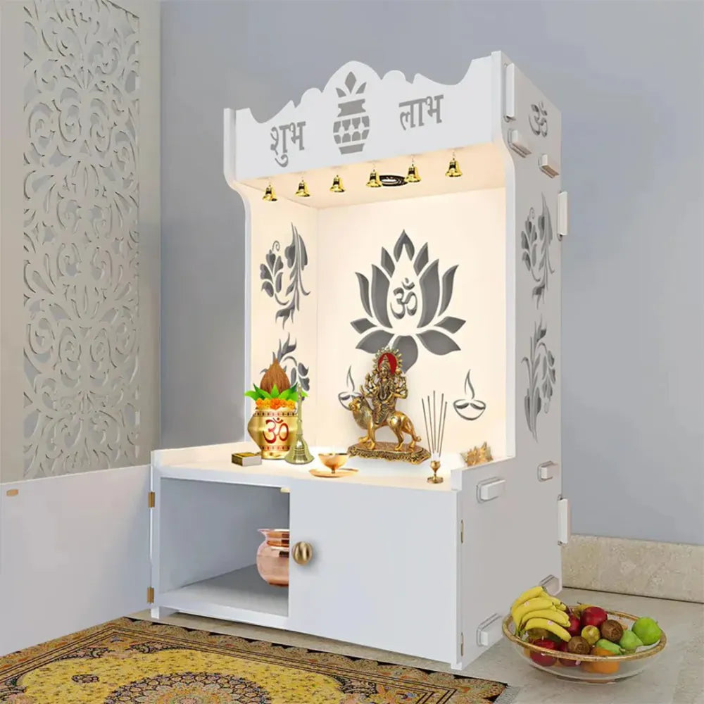 Wooden Floor Temple with Lotus Design & Shelf – White