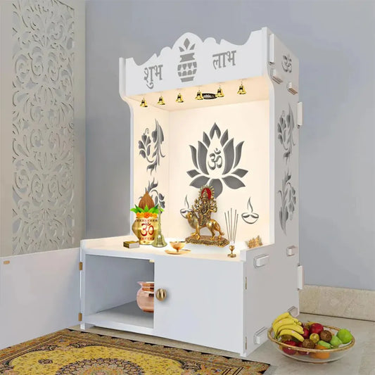 Wooden Floor Temple with Lotus Design & Shelf – White