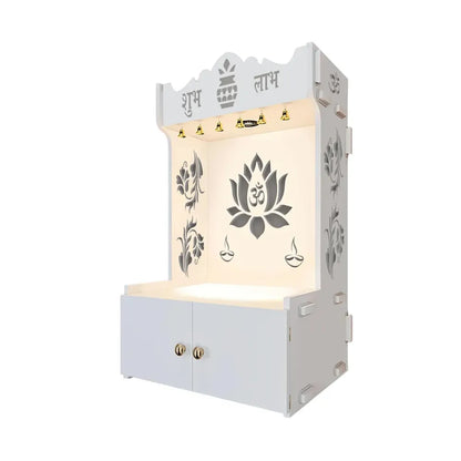 Wooden Floor Temple with Lotus Design & Shelf – White