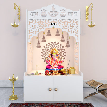 Divine White Wooden Temple with Shelf & Built-In Light