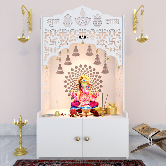 Divine White Wooden Temple with Shelf & Built-In Light