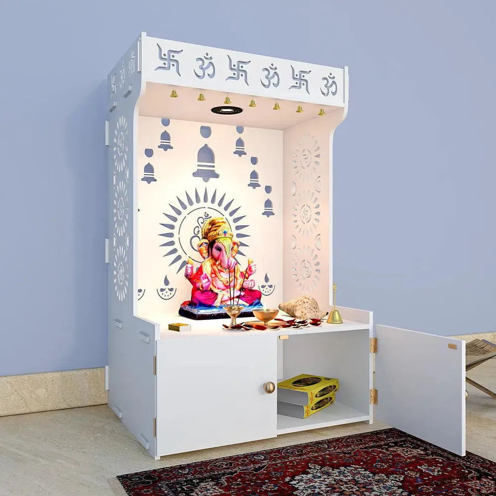 Divine Wooden White Home Temple With Spacious Shelf &amp; Inbuilt Focus Light