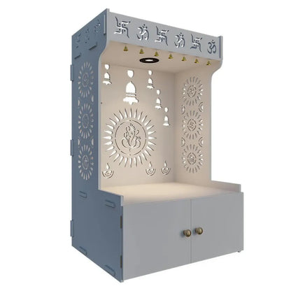 Divine Wooden White Home Temple With Spacious Shelf &amp; Inbuilt Focus Light