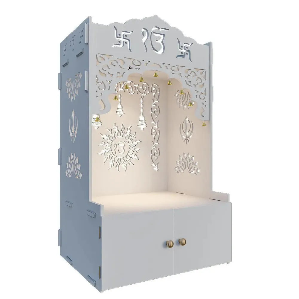 Ek-onkar Home Temple with Inbuilt Focus Light &amp; Spacious Wooden Shelf- White