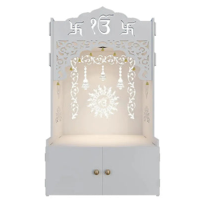 Ek-onkar Home Temple with Inbuilt Focus Light &amp; Spacious Wooden Shelf- White