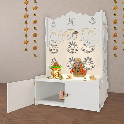 Floral Design White Floor Temple with Shelf & Focus Light