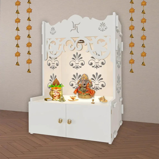 Floral Design White Floor Temple with Shelf & Focus Light