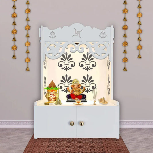 Floral Design White Floor Temple with Shelf & Focus Light