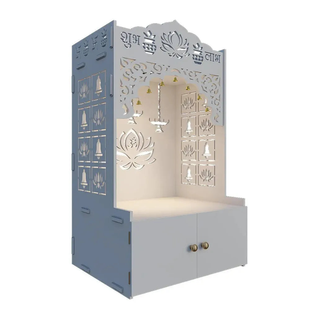 Lotus Pattern MDF Wood Temple with Spacious Shelf