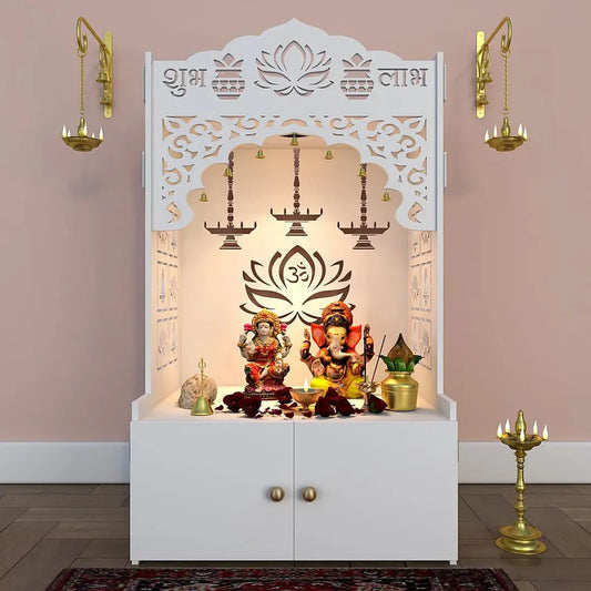 Lotus Pattern MDF Wood Temple with Spacious Shelf