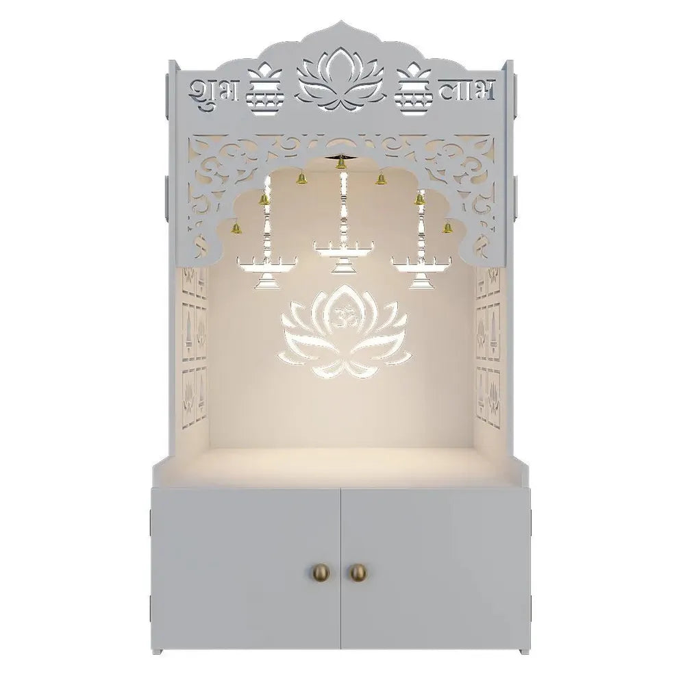 Lotus Pattern MDF Wood Temple with Spacious Shelf