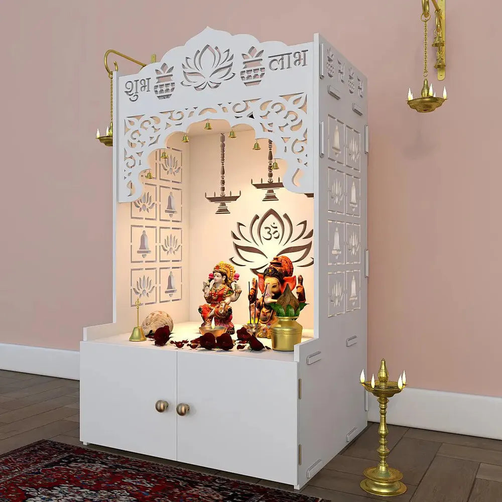 Lotus Pattern MDF Wood Temple with Spacious Shelf