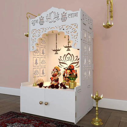 Lotus Pattern MDF Wood Temple with Spacious Shelf