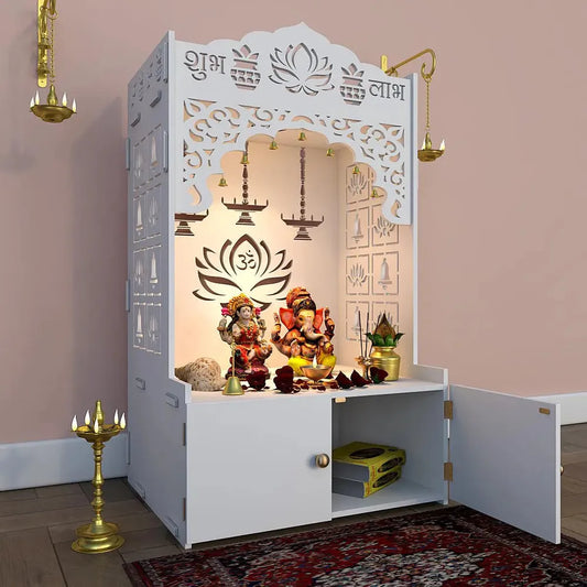Lotus Pattern MDF Wood Temple with Spacious Shelf