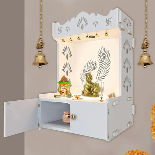 Mor Pankh Wooden Mandir with Focus Light
