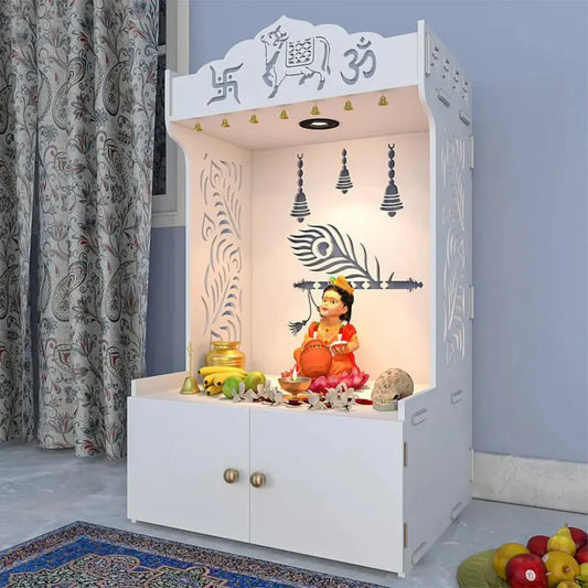 Mor Pankh Floor Temple with Shelf – White