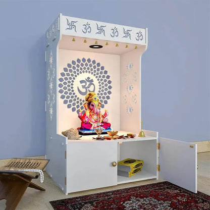 Om Chakra Floor Temple with Spacious Wooden Shelf &amp; Inbuilt Focus Light