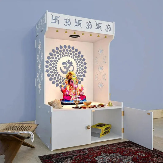 Om Chakra Floor Temple with Spacious Wooden Shelf &amp; Inbuilt Focus Light