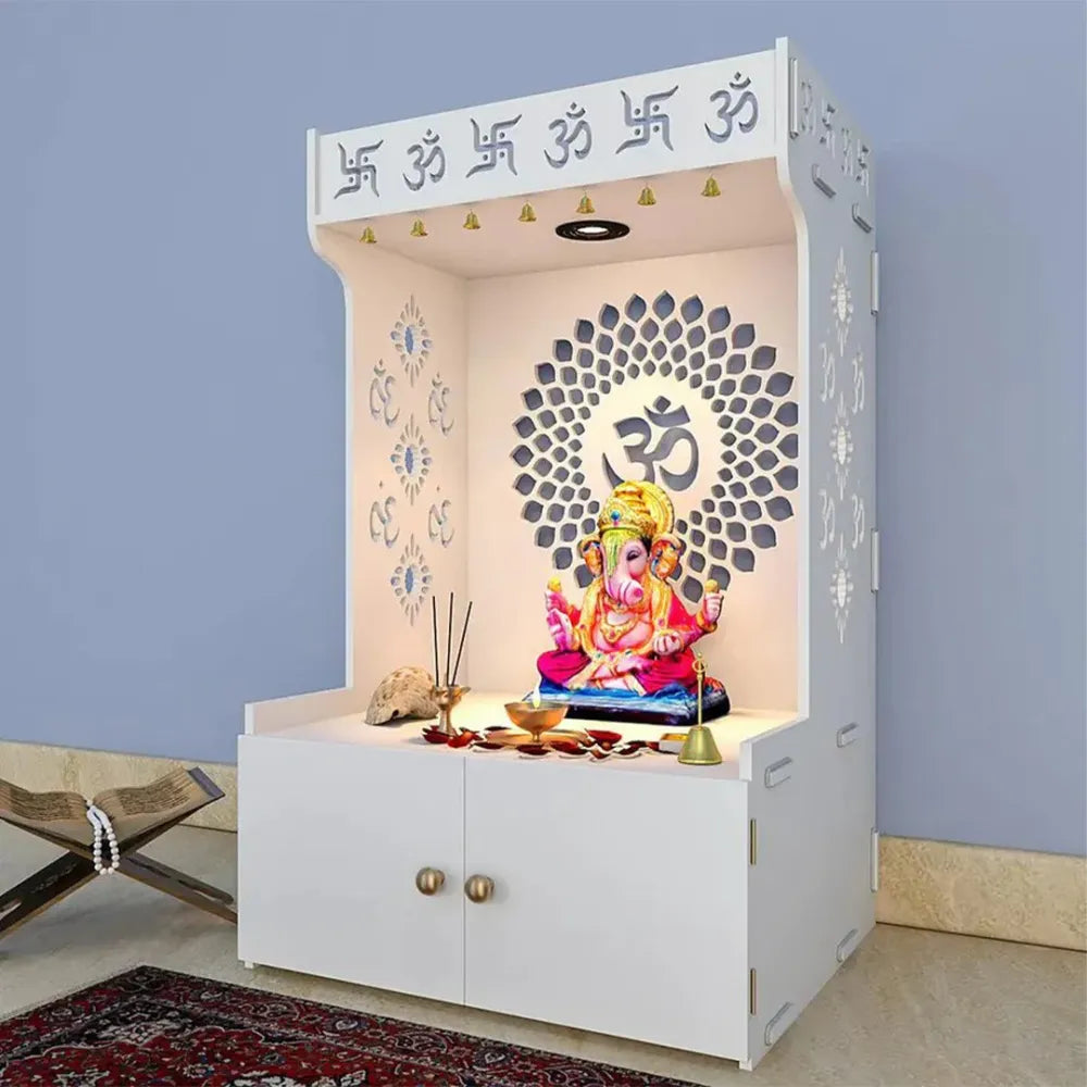 Om Chakra Floor Temple with Spacious Wooden Shelf &amp; Inbuilt Focus Light