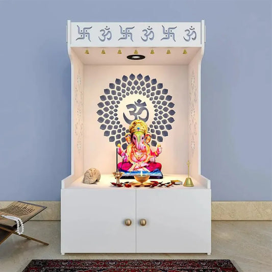 Om Chakra Floor Temple with Spacious Wooden Shelf &amp; Inbuilt Focus Light