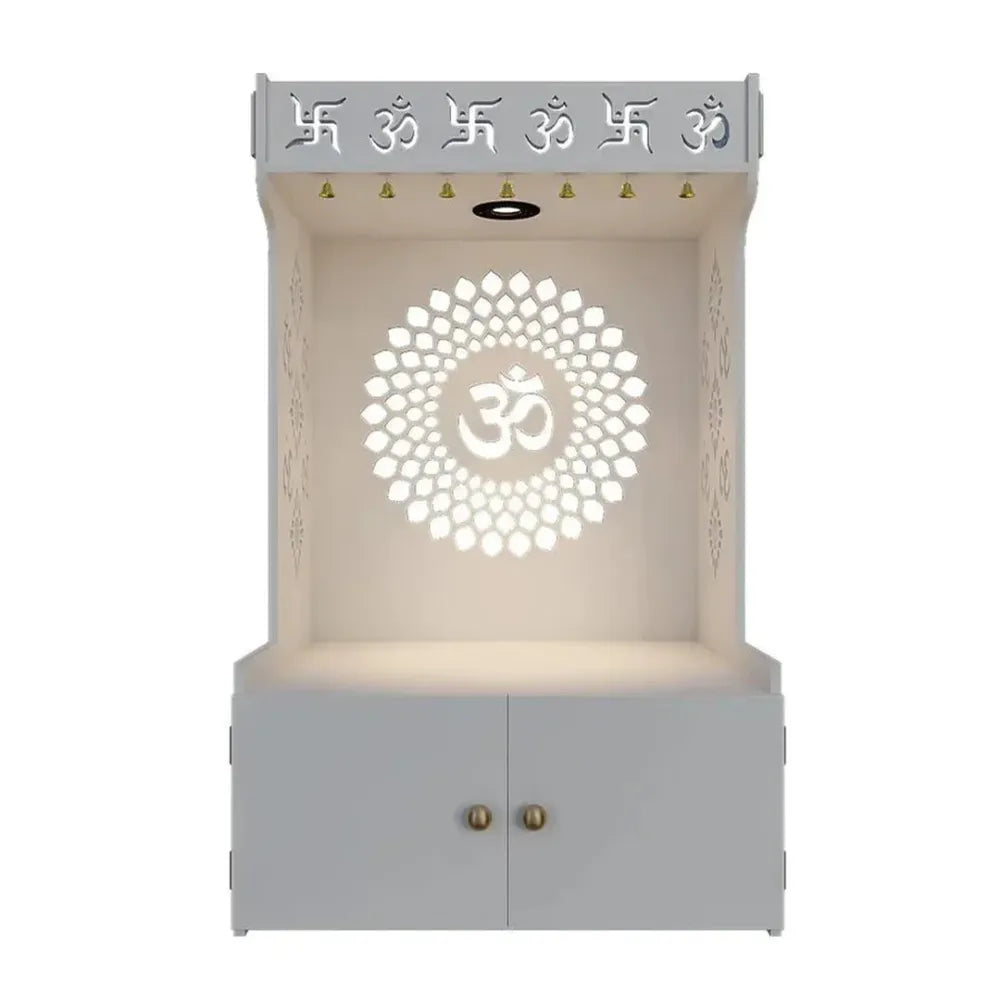 Om Chakra Floor Temple with Spacious Wooden Shelf &amp; Inbuilt Focus Light