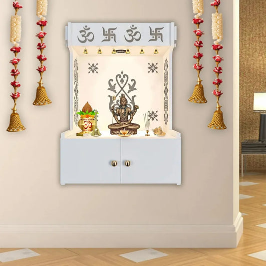 OM Swastika White Wooden Wall Temple with Focus Light & Shelf