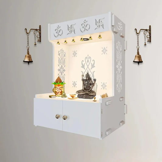 OM Swastika White Wooden Wall Temple with Focus Light & Shelf