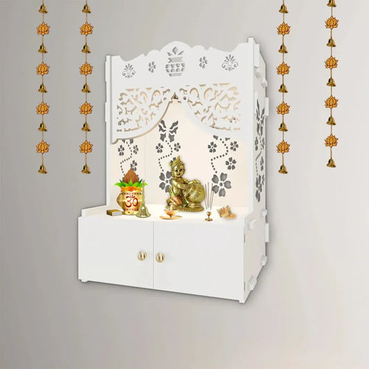 Swastika Kalash Wooden Temple - Hindu wall mandir with lights & shelf