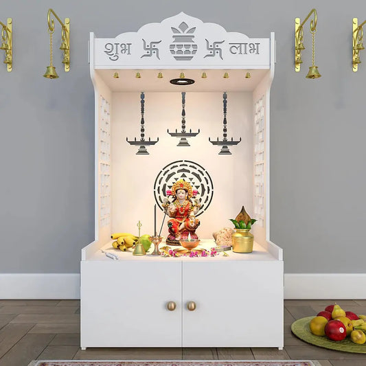 White Wooden Home Mandir with Shelf & LED Light